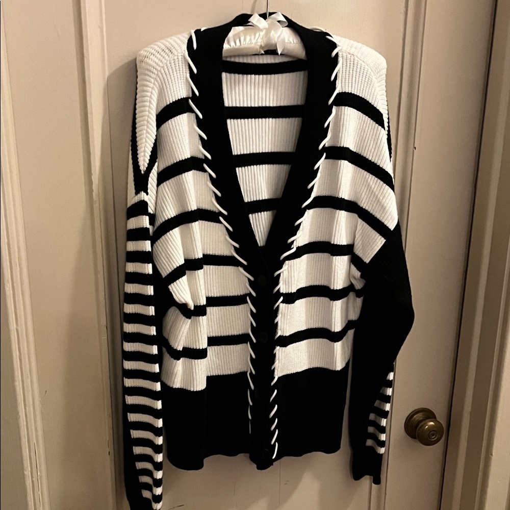 Tahari Black and White Striped Cardigan
